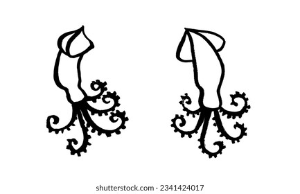 Vector set of two images of octopuses in calligraphic style. Brush, ink, minimalism, hand drawing. Japan, China, oriental restaurant, menu. Black on white. Eps10