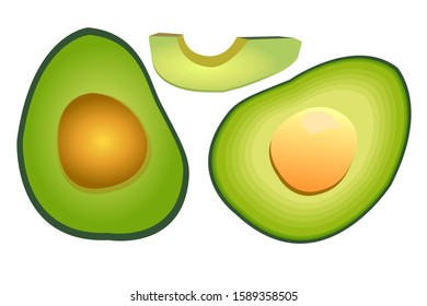 Vector set of two isolated avocado halves in cartoon style in different shades of green, and a slice of avocado fruit.