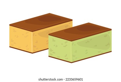 Vector set of two kasutera or castella. Illustration of japanese dessert. Asian food. Japanese traditional yellow and green tea sponge cakes.
