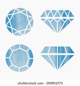 Vector set of two kinds of round diamonds. Diamonds created with watercolor texture. Blue gemstones.