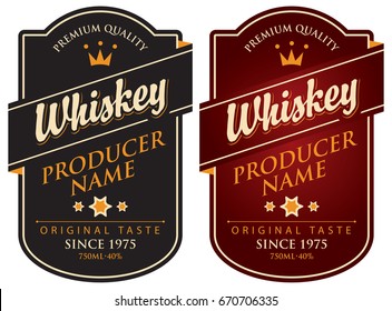 Vector set of two labels for whiskey in the curly frame with crown and inscription on dark background in retro style