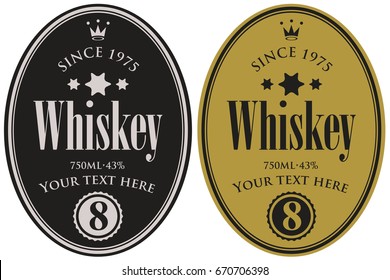 Vector set of two labels for whiskey in the oval frame with crown and inscription on dark background in retro style