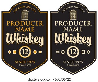 Vector set of two labels for whiskey in the curly frame with old building and inscription in retro style on black background