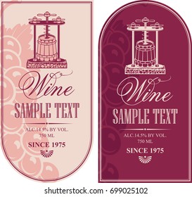 Vector set of two labels for wine in pink and red colors with vintage wine press, bunch of grapes and calligraphic inscription