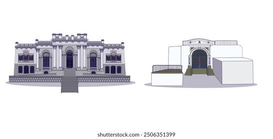 Vektorgrafik von zwei Wahrzeichen in Rio de Janeiro, Bundesstaat Rio de Janeiro, Brasilien. Dieses Set umfasst eine Festung und einen Teil eines berühmten botanischen Gartens in der Stadt