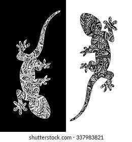 vector set of two lizards, painted artistic lines in ethnic style. It can be used in textile printing, engraving, invitations, postcards