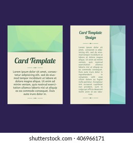 Vector set of two low poly universal card template designs, perfect for brochure covers, leaflets, flyers, cards and invitations. Green, eco. Polygonal event announcement flyer, card.