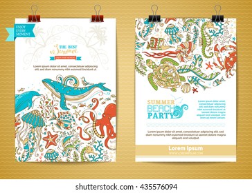 Vector set of two marine life poster templates. Underwater wild animals and plants. Whale, dolphin, turtle, fish, starfish, crab, octopus, shell, jellyfish, seahorse, seaweed.