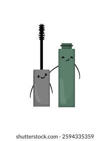 Vector set of two mascara bottles with smiling faces, one with a brush and the other as a closed container.