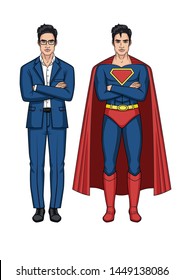 Vector set of two men of different clothes with arms crossed on his chest. Elegant costumes, casual style for men and superheroes. Stylish business look by day against a superhero costume at night.