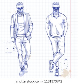 Vector set of two men with skull, beard, moustaches and t-shirt. Fashion illustration, sketch art on a notebook background