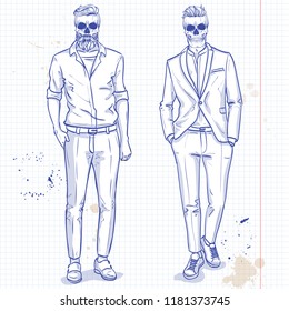 Vector set of two men with skull, beard, moustaches and hairstyle. Fashion illustration on a notebook background
