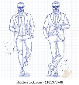 Vector set of two men with skull, beard, moustaches, wearing suit. Fashion illustration, sketch art on a notebook background