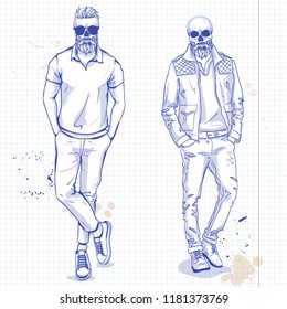 Vector set of two men with skull, beard, moustaches, wearing suit. Fashion illustration, sketch art on a notebook background