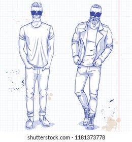 Vector set of two men with skull, beard, moustaches and sunglasses. Fashion illustration, sketch art on a notebook background