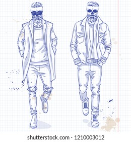 Vector set of two men with skull, beard, moustaches, wearing coat and jacket, on a notebook background
