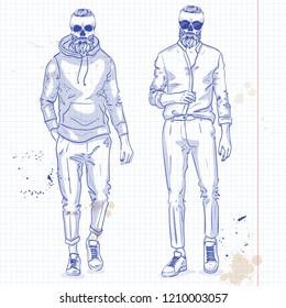 Vector set of two men with skull, beard, moustaches, wearing hoodie and shirt, on a notebook background