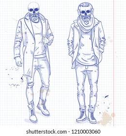 Vector set of two men with skull, beard, moustaches, wearing coats and headphones, on a notebook background