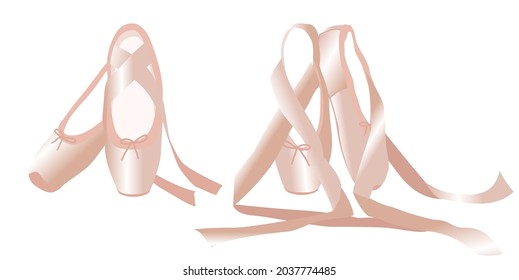 vector set of two pairs of ballet pointe shoes with ribbons in pink on a white background
