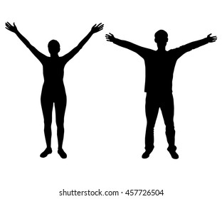 Vector set of two people silhouettes: girl, woman, man, boy. Sports activities, physical exercises. Silhouette of athletes: hand in the parties highly over the head, legs are placed at shoulder length