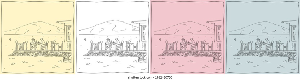 The Vector Set With Two People Sitting In A Restaurant On The Beach And Talking