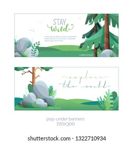 Vector set of two pop-under banners 720x300 px. Horizontal nature landscapes. Pine, firs, stones and grass. Flat background with modern noise texture. Place for your text on white.