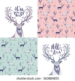 vector set with two postcards and two patterns with deers 
