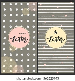 vector set with two pretty easter postcards with geometric textures hand drawn words happy easter and rabbit in a circle frame