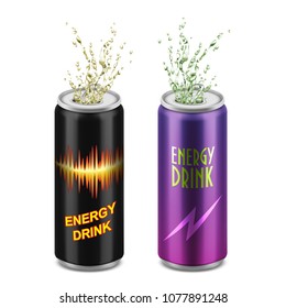 Vector set of two realistic aluminum cans with open lids and splashes isolated on background. Tin containers with energy soft drink, carbonated tonic, soda, alcohol beverage. Mockup for package design