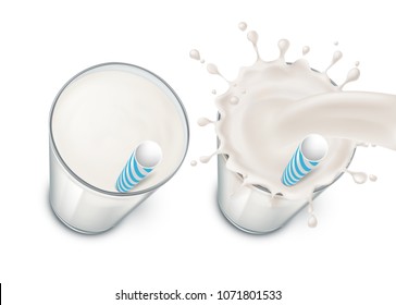 Vector set with two realistic glasses filled with milk, cream or yogurt, with milky splash and drinking straws isolated on background. Mockup with glassware and natural dairy product for advertising