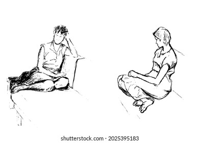 Vector set. Two rough black and white sketches of a woman in clothes sitting with bent legs on a sofa.