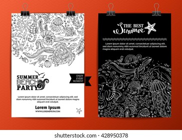 Vector set of two sea life poster templates. Doodles animals and plants on white and chalk backgrounds. Whale, octopus, dolphin, turtle, fish, starfish, crab, shell, jellyfish, seahorse, seaweed.