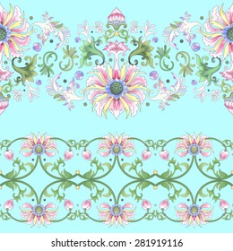 Vector set of two seamless borders. Imitation of chinese porcelain painting. Lotus flowers and leaves are painted by watercolor.  