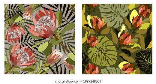 Vector set of two seamless patterns with protea and tropical leaves.