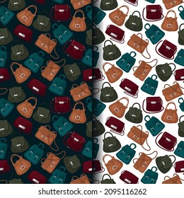 Vector set of two seamless patterns with women's bags.
