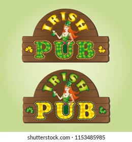 Vector set of two signboards for an Irish bar with a girl and bright inscriptions