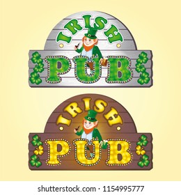 Vector set of two signs for an Irish bar with a funny leprechaun