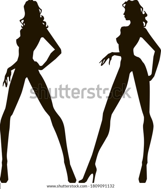 Vector set : two silhouettes of young pretty sexy\
women. Go go dancers, fashion models. Elements for design poster ,\
card with people.