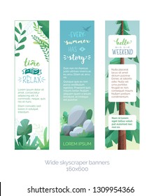 Vector set of two skyscraper banners 160x600 px. Vertical nature backgrounds. Fir, stones, green leaves and grass. Flat background with modern grain texture. Place for your text.