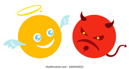 Vector set two smiles. Funny and angry emoji in kawaii style. Vector set of two angel and devil smiles. 