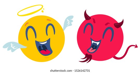 Vector set two smiles. Funny and angry emoji in kawaii style. Vector set of two angel and devil smiles. 