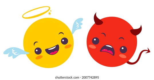 Vector set two smiles. Funny and angry emoji in kawaii style. Vector set of two angel and devil smiles. 