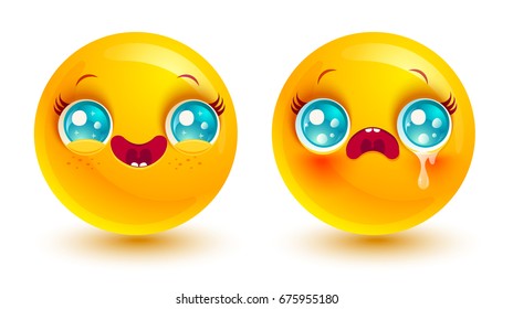 Vector set two smiles icons. Funny and sad emoji in kawaii style. Two smiles.