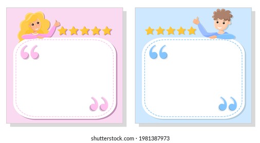 Vector set of two social media templates, feedback posts with quotes, five stars and space for text, on white background. Curly man and blonde woman, showing thumbs; smiling happy people