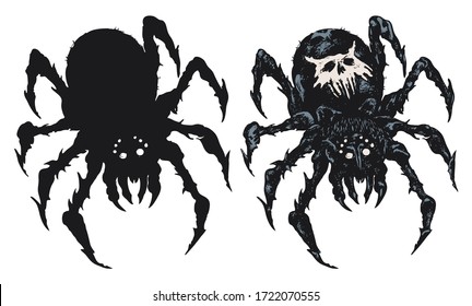 Vector set of two spiders close up, big scary black spiders isolated on white background, poisonous insect. Hand-drawn witchcraft, voodoo magic attribute, tattoo design