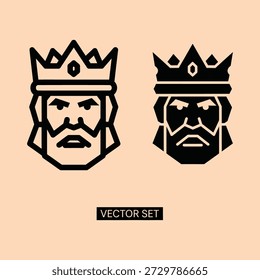 Conjunto de Vectores de dos caras masculinas estilizadas con corona en diseño minimalista Fondo beige Esquemas en negrita Diseño simétrico para conceptos de Regalías
