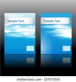 Vector set of two summer themed brochure covers with blue sky and clouds