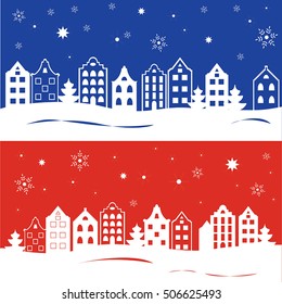 Vector set of two template for Christmas cards, invitations, backgrounds and more. Traditional european houses. 