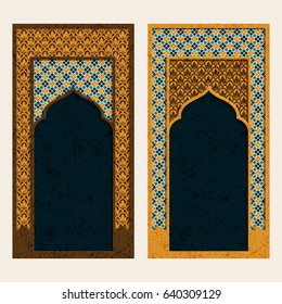 vector set with two traditional colorful arabic cards with a temple form