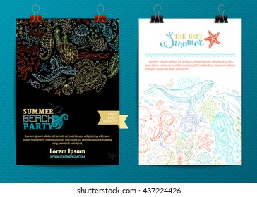 Vector set of two underwater life poster templates. Colourful contours of wild animals and plants. Whale, dolphin, turtle, fish, starfish, crab, shell, jellyfish, seahorse, algae, octopus.